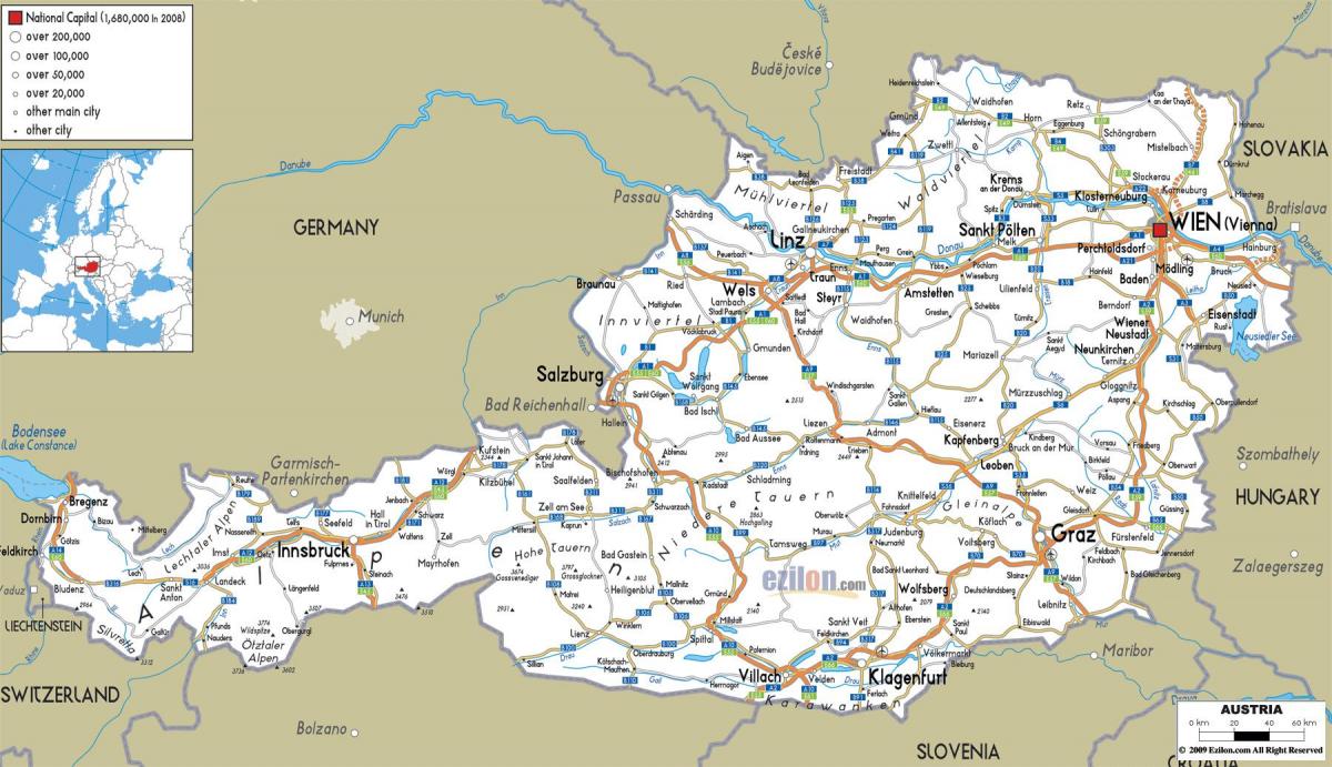 detaljne mapu austrija je sa gradovima