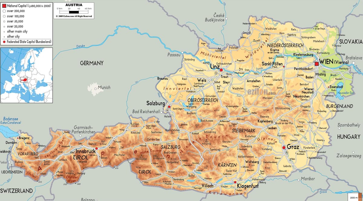 mapa fizički mapu austrije