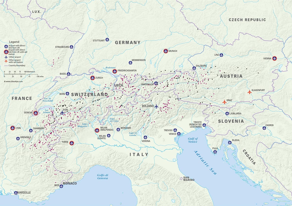 mapa austrije ski odmarališta aerodrome