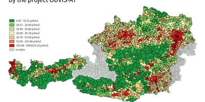 Austrije karta gustoće naseljenosti